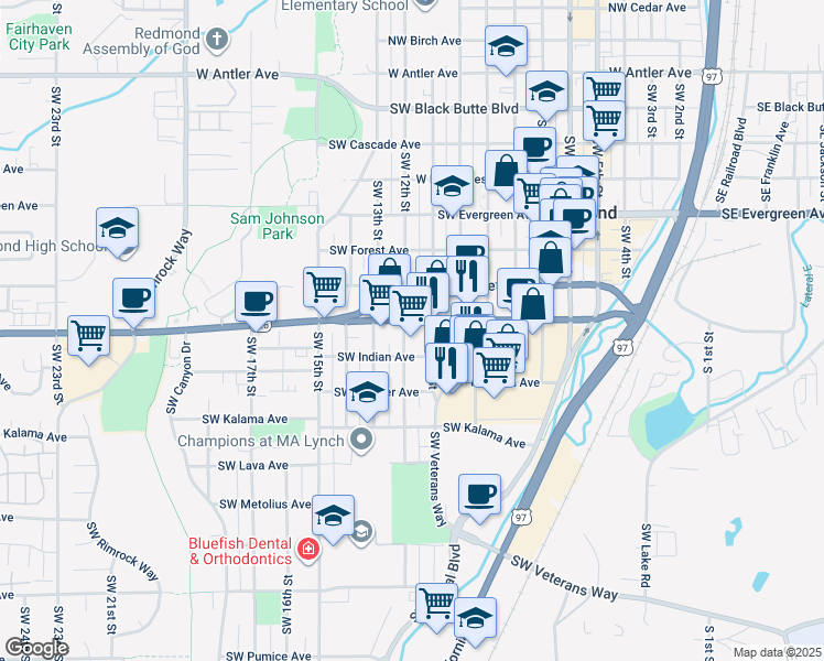 map of restaurants, bars, coffee shops, grocery stores, and more near 1136 Southwest Highland Avenue in Redmond