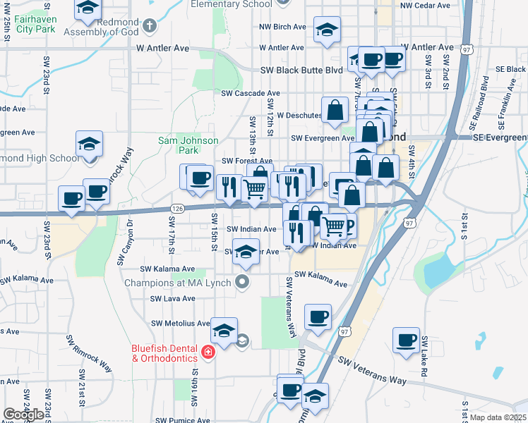 map of restaurants, bars, coffee shops, grocery stores, and more near 1136 Southwest Highland Avenue in Redmond