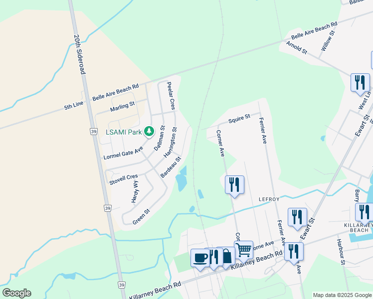 map of restaurants, bars, coffee shops, grocery stores, and more near 1295 Bardeau Street in Innisfil