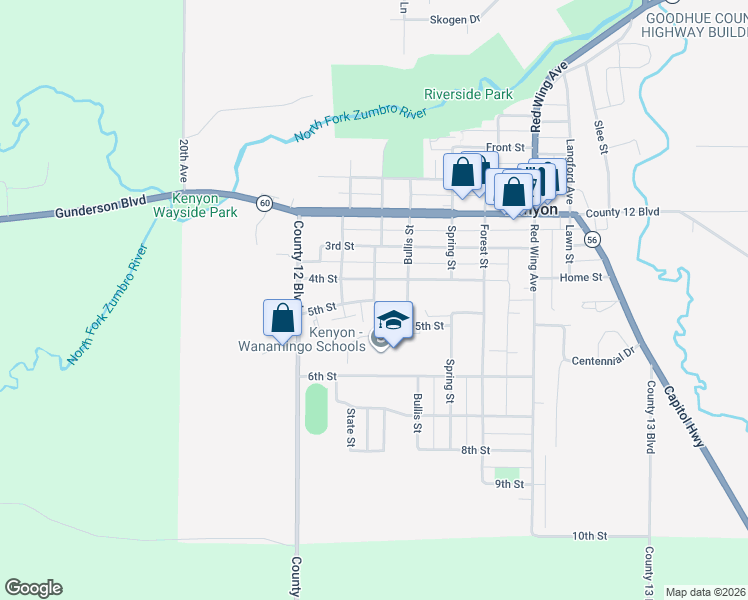 map of restaurants, bars, coffee shops, grocery stores, and more near 301 5th Street in Kenyon