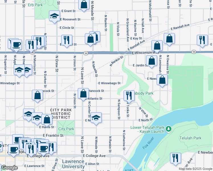 map of restaurants, bars, coffee shops, grocery stores, and more near 835 East Winnebago Street in Appleton