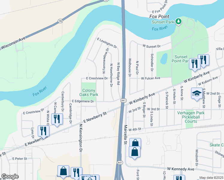 map of restaurants, bars, coffee shops, grocery stores, and more near 809 North Hawthorne Drive in Appleton