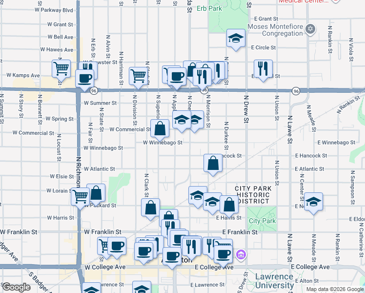 map of restaurants, bars, coffee shops, grocery stores, and more near 820 North Appleton Street in Appleton