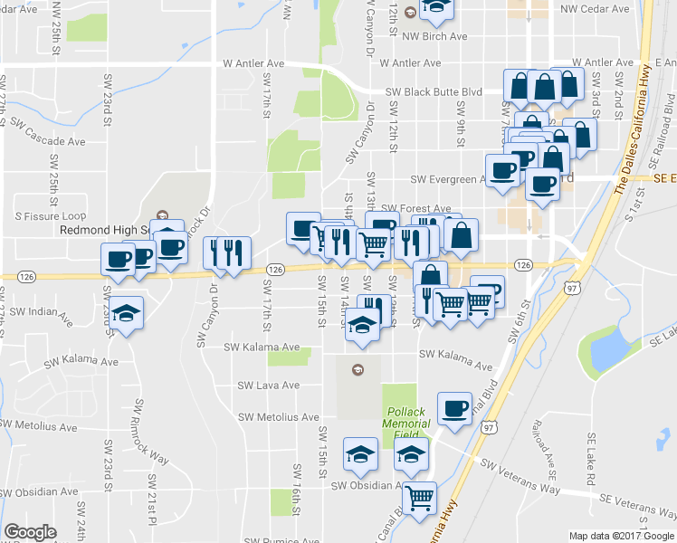 map of restaurants, bars, coffee shops, grocery stores, and more near 807 Southwest 14th Street in Redmond