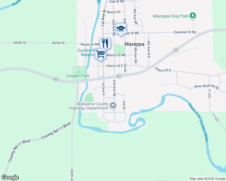 map of restaurants, bars, coffee shops, grocery stores, and more near 163 Cedar Street Southeast in Mazeppa