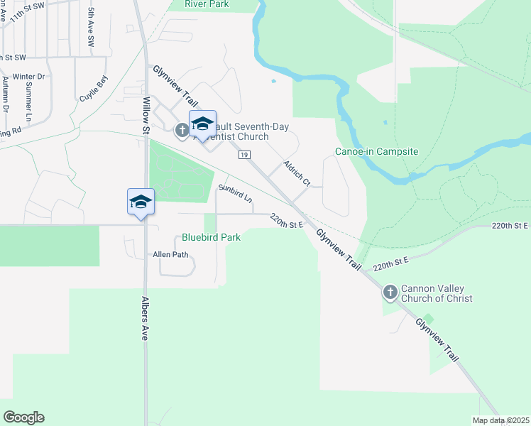 map of restaurants, bars, coffee shops, grocery stores, and more near 418 220th Street East in Faribault