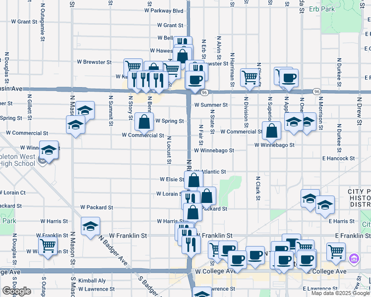 map of restaurants, bars, coffee shops, grocery stores, and more near 815 North Richmond Street in Appleton