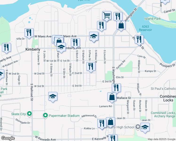 map of restaurants, bars, coffee shops, grocery stores, and more near 244 S Pine St in Kimberly