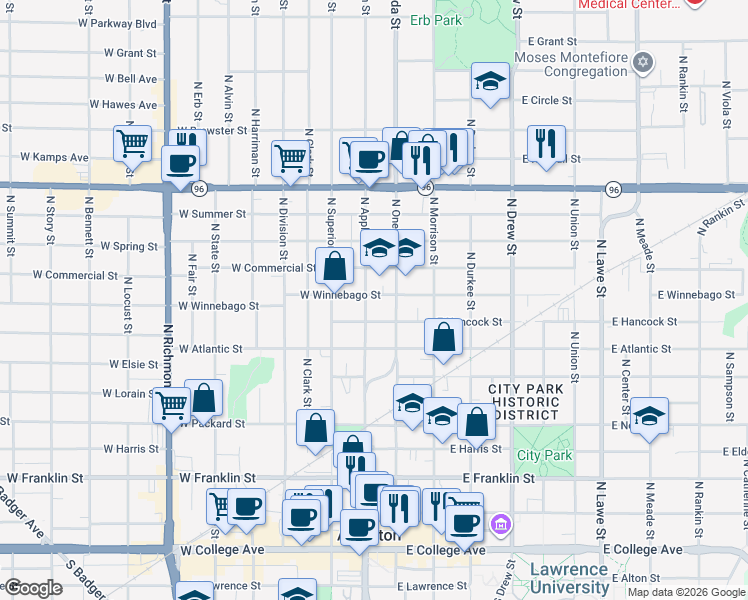 map of restaurants, bars, coffee shops, grocery stores, and more near 820 North Appleton Street in Appleton