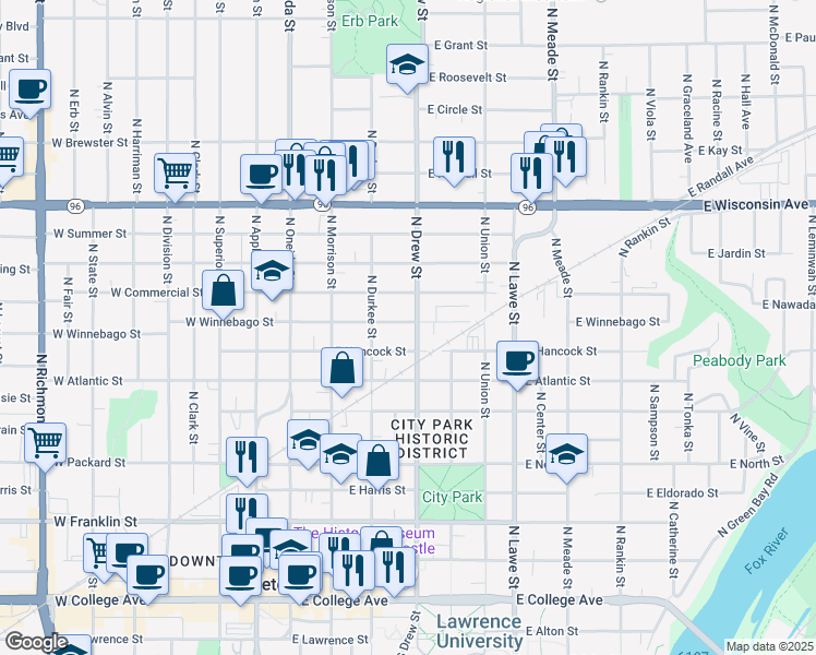 map of restaurants, bars, coffee shops, grocery stores, and more near 821 North Drew Street in Appleton