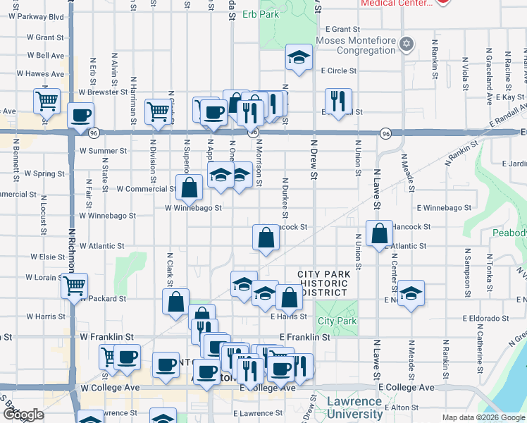 map of restaurants, bars, coffee shops, grocery stores, and more near 820 North Morrison Street in Appleton