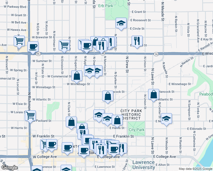 map of restaurants, bars, coffee shops, grocery stores, and more near 820 North Morrison Street in Appleton