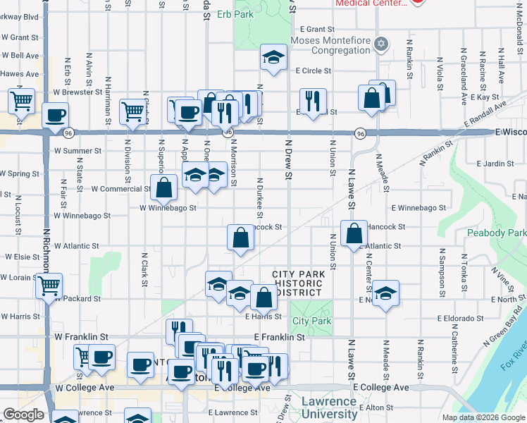 map of restaurants, bars, coffee shops, grocery stores, and more near 818 North Durkee Street in Appleton
