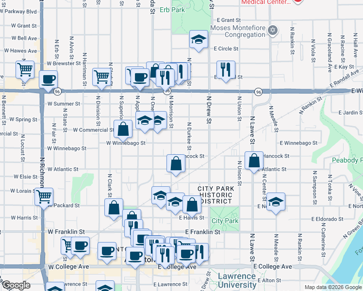 map of restaurants, bars, coffee shops, grocery stores, and more near 820 North Morrison Street in Appleton