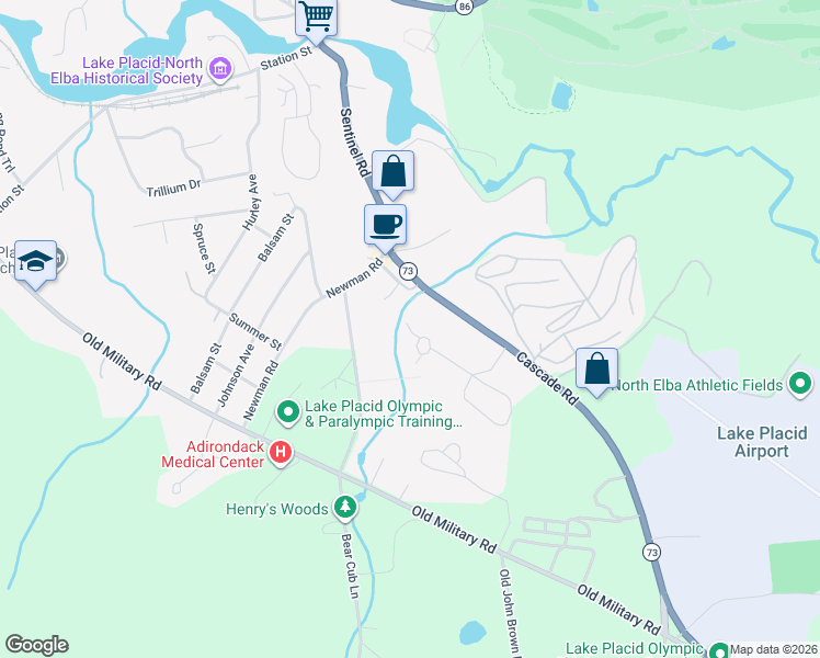 map of restaurants, bars, coffee shops, grocery stores, and more near 20 Planty Way in Lake Placid