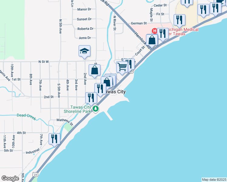 map of restaurants, bars, coffee shops, grocery stores, and more near in Tawas City