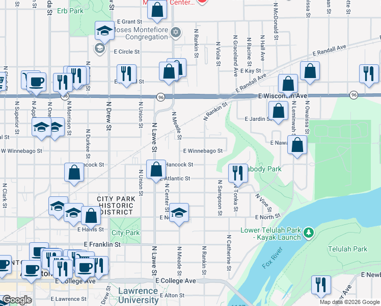 map of restaurants, bars, coffee shops, grocery stores, and more near 835 East Winnebago Street in Appleton
