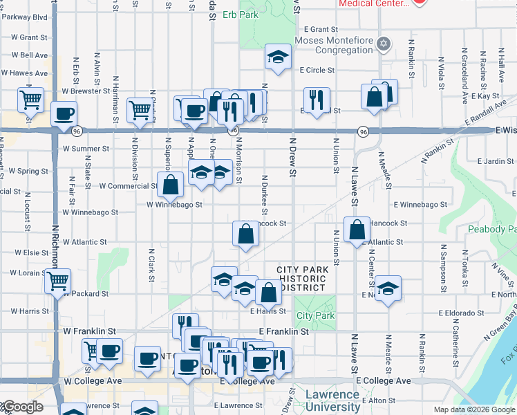 map of restaurants, bars, coffee shops, grocery stores, and more near 818 North Durkee Street in Appleton