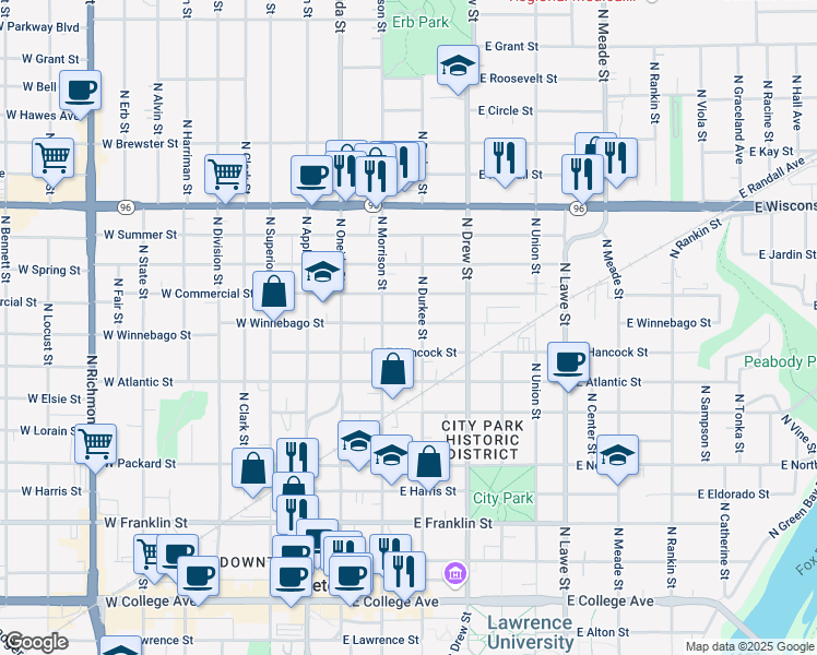 map of restaurants, bars, coffee shops, grocery stores, and more near 820 North Morrison Street in Appleton