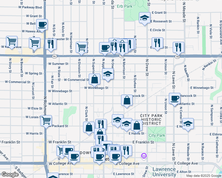 map of restaurants, bars, coffee shops, grocery stores, and more near 115 East Winnebago Street in Appleton