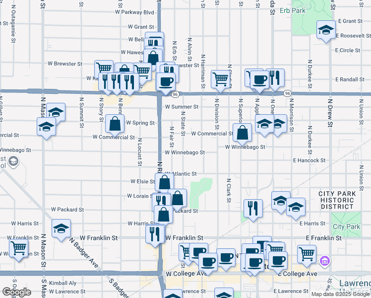 map of restaurants, bars, coffee shops, grocery stores, and more near 518 West Winnebago Street in Appleton