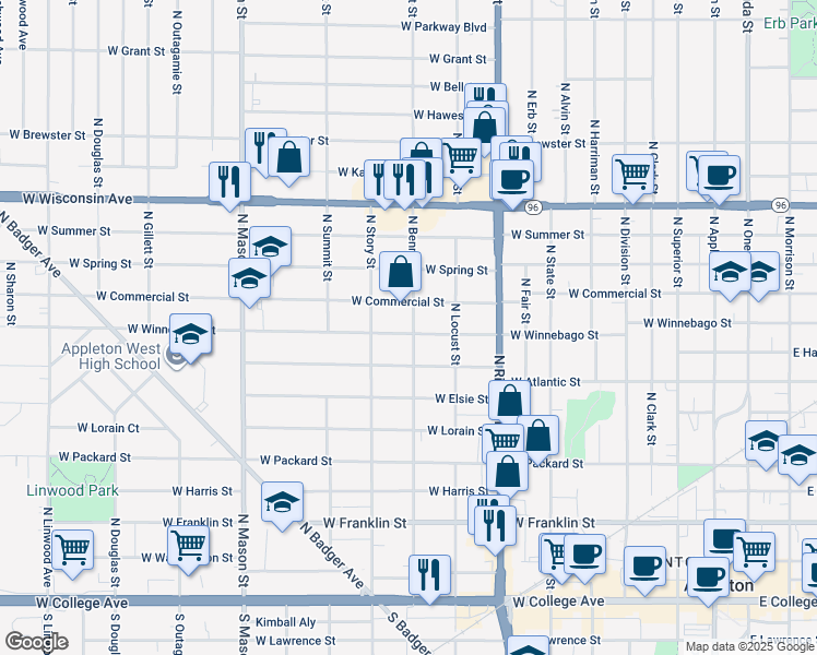 map of restaurants, bars, coffee shops, grocery stores, and more near 832 West Winnebago Street in Appleton