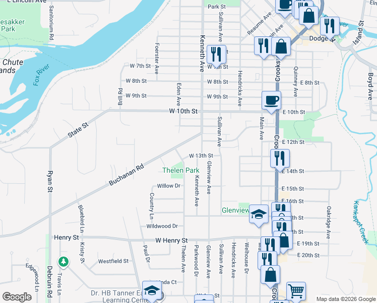 map of restaurants, bars, coffee shops, grocery stores, and more near 412 W 13th St in Kaukauna