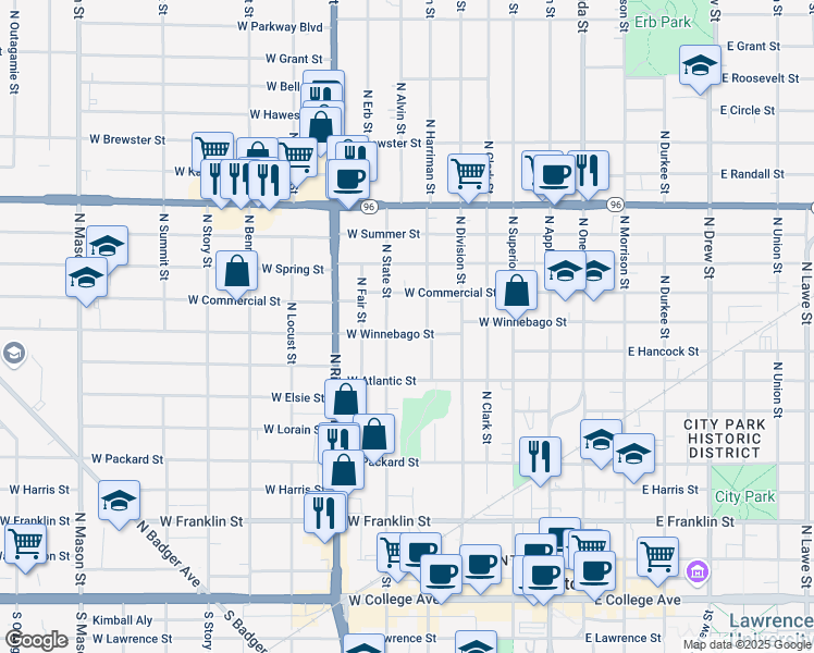 map of restaurants, bars, coffee shops, grocery stores, and more near 518 West Winnebago Street in Appleton