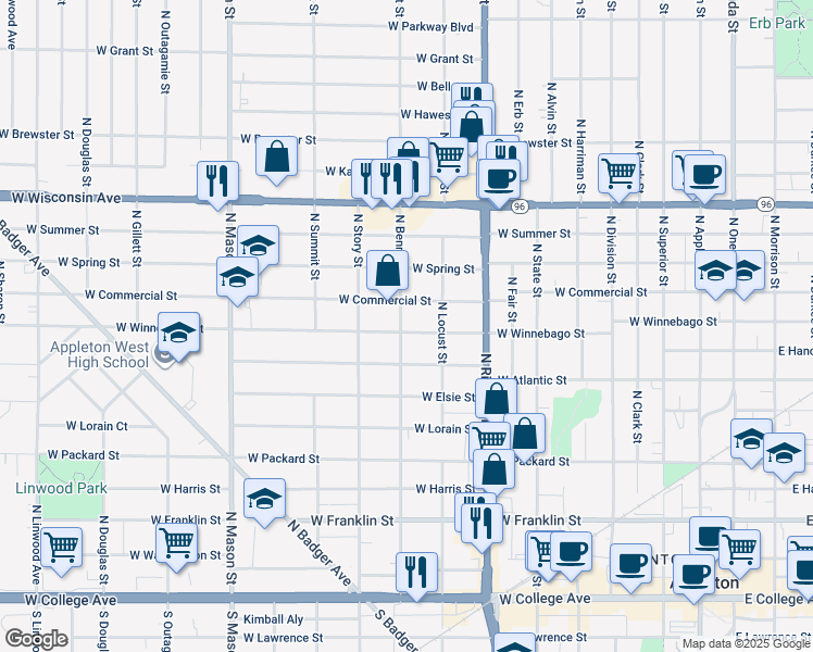 map of restaurants, bars, coffee shops, grocery stores, and more near 832 West Winnebago Street in Appleton