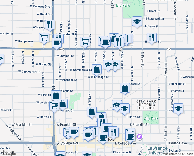 map of restaurants, bars, coffee shops, grocery stores, and more near 818 North Superior Street in Appleton