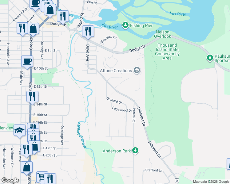 map of restaurants, bars, coffee shops, grocery stores, and more near 1205 Hillcrest Drive in Kaukauna