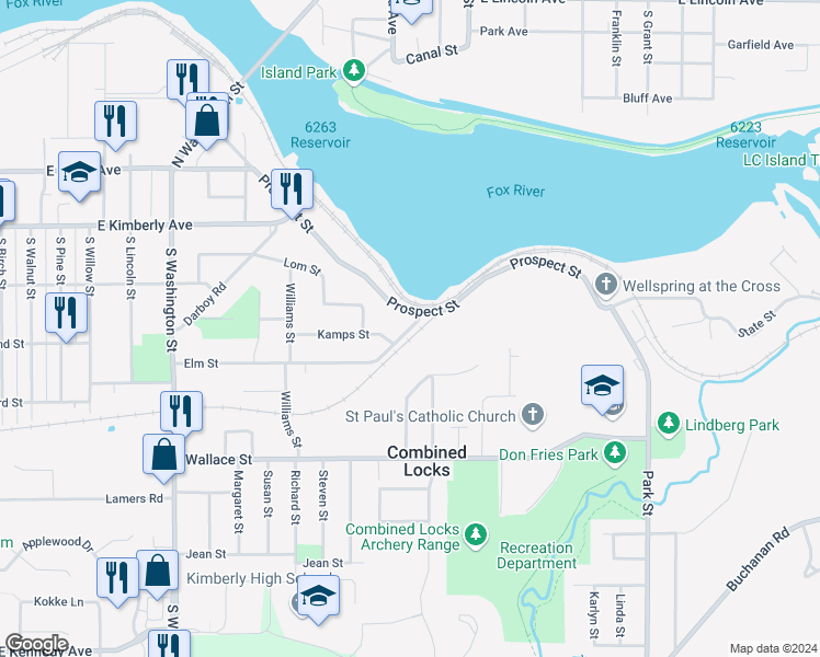 map of restaurants, bars, coffee shops, grocery stores, and more near 403 Elm Street in Combined Locks
