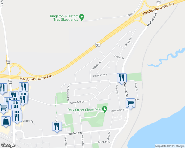 map of restaurants, bars, coffee shops, grocery stores, and more near 151 Dauphin Avenue in Kingston