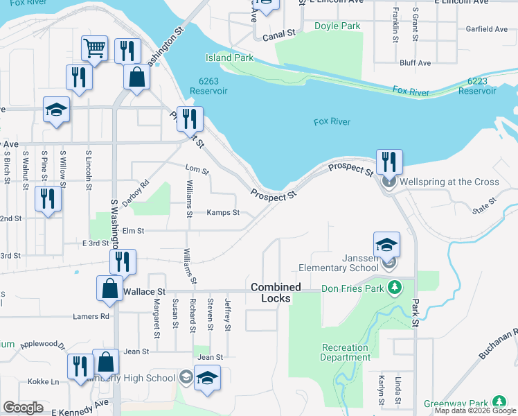 map of restaurants, bars, coffee shops, grocery stores, and more near 402 Elm Street in Combined Locks