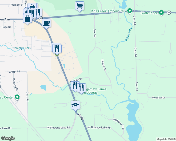map of restaurants, bars, coffee shops, grocery stores, and more near 2265 M-76 in West Branch