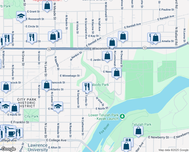 map of restaurants, bars, coffee shops, grocery stores, and more near 32 Bellaire Court in Appleton