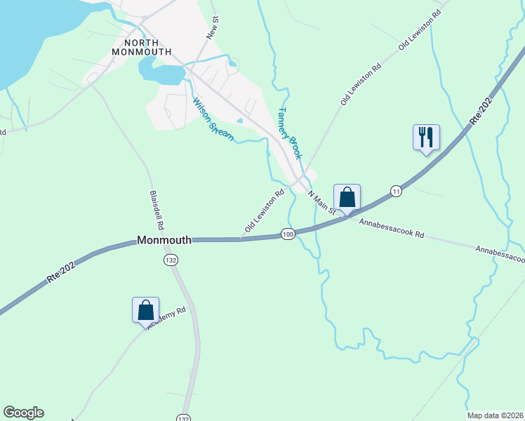 map of restaurants, bars, coffee shops, grocery stores, and more near 17 Old Lewiston Road in Monmouth