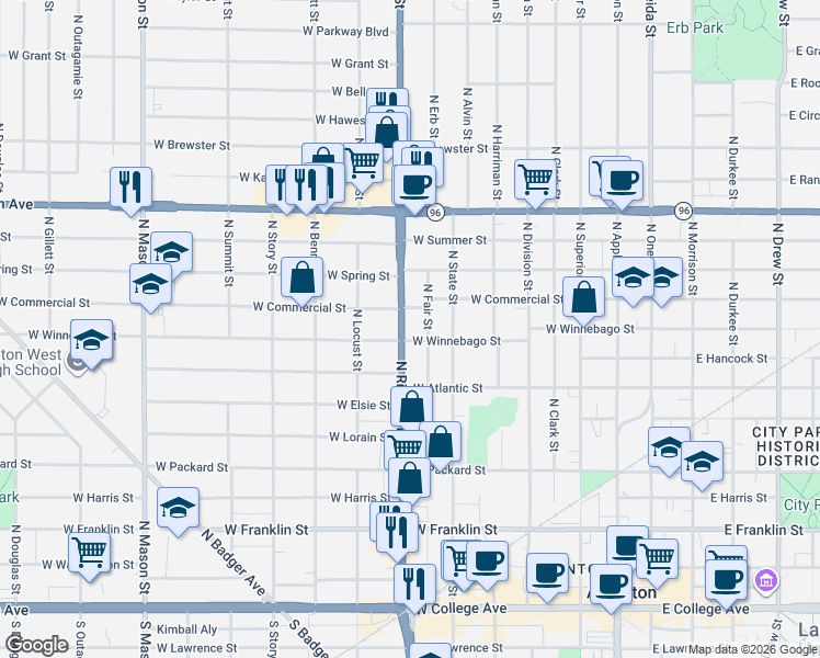map of restaurants, bars, coffee shops, grocery stores, and more near 815 North Richmond Street in Appleton