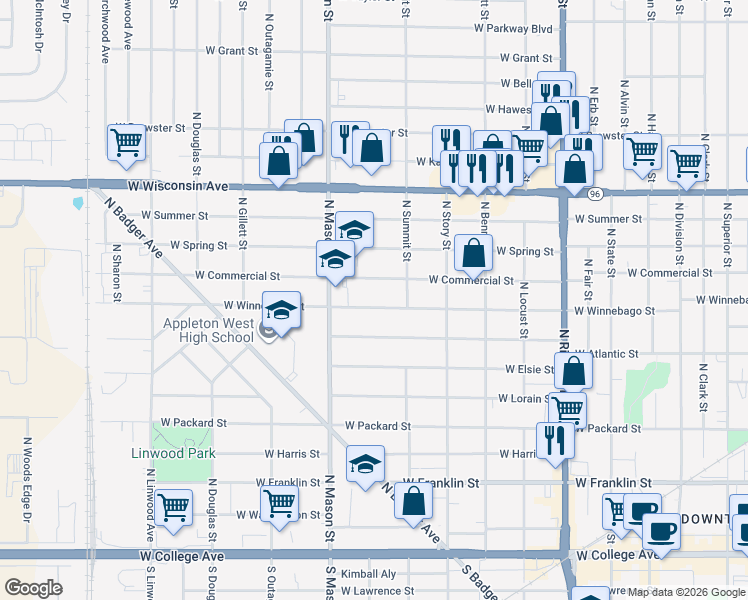 map of restaurants, bars, coffee shops, grocery stores, and more near 1122 West Winnebago Street in Appleton