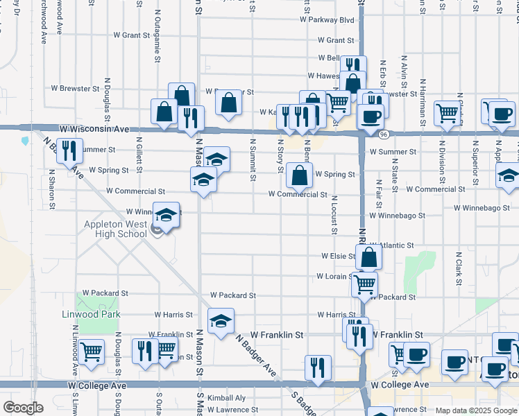map of restaurants, bars, coffee shops, grocery stores, and more near 1030 West Winnebago Street in Appleton