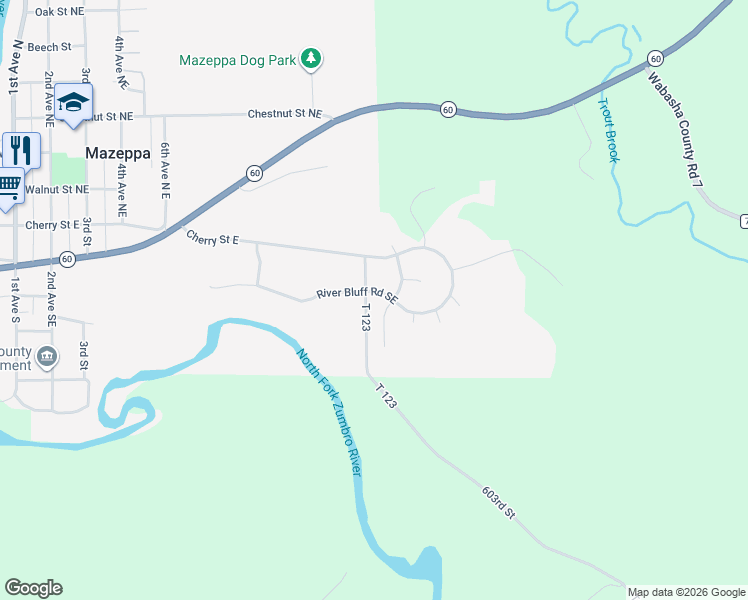 map of restaurants, bars, coffee shops, grocery stores, and more near 1371 River Bluff Road Southeast in Mazeppa