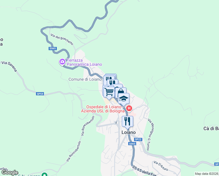 map of restaurants, bars, coffee shops, grocery stores, and more near 43 Via Roma in Loiano