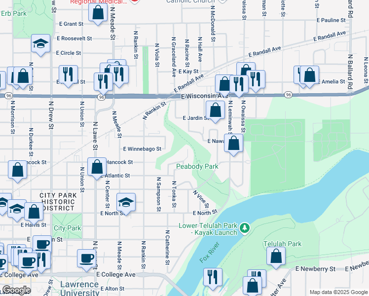 map of restaurants, bars, coffee shops, grocery stores, and more near 32 Bellaire Court in Appleton