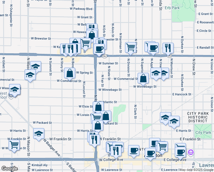 map of restaurants, bars, coffee shops, grocery stores, and more near 614 West Winnebago Street in Appleton