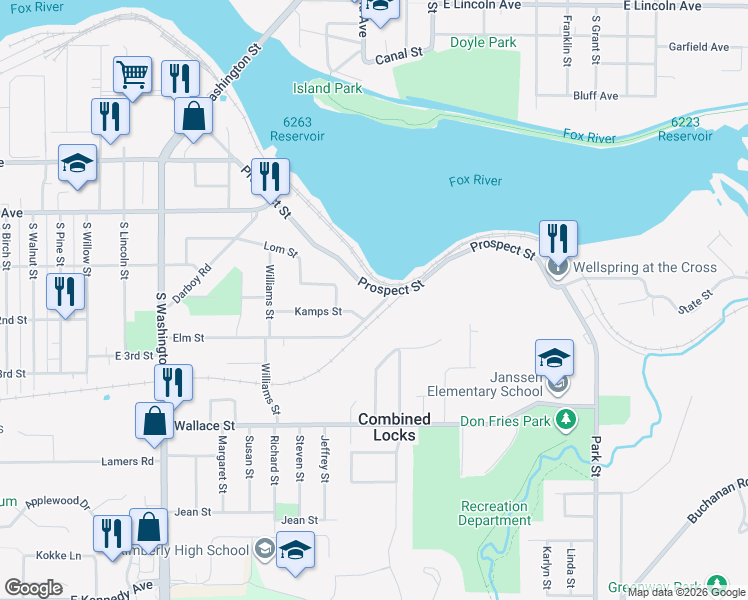 map of restaurants, bars, coffee shops, grocery stores, and more near 402 Elm Street in Combined Locks