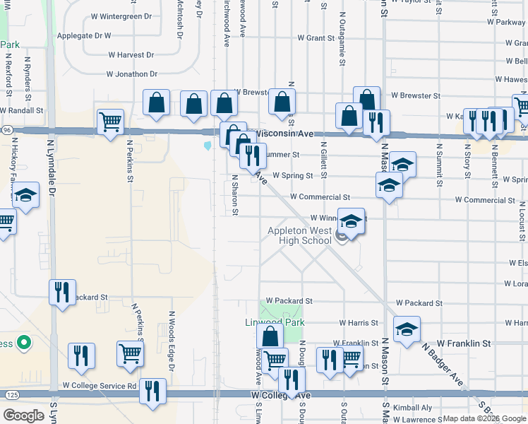map of restaurants, bars, coffee shops, grocery stores, and more near 1724 West Winnebago Street in Appleton