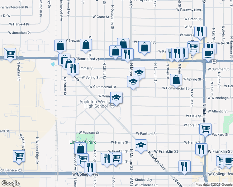 map of restaurants, bars, coffee shops, grocery stores, and more near 1348 West Winnebago Street in Appleton