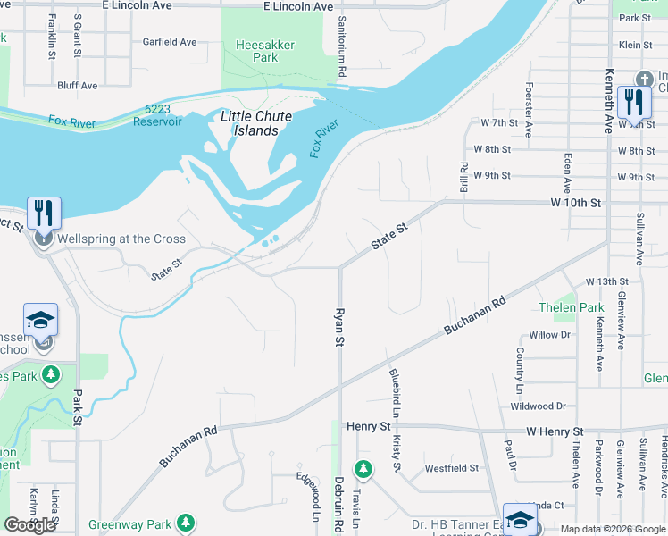 map of restaurants, bars, coffee shops, grocery stores, and more near 634 State Street in Combined Locks