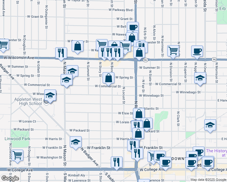 map of restaurants, bars, coffee shops, grocery stores, and more near 830 North Bennett Street in Appleton
