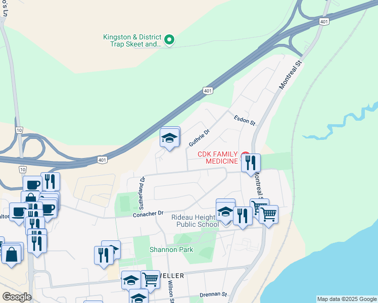 map of restaurants, bars, coffee shops, grocery stores, and more near 43 Guthrie Drive in Kingston